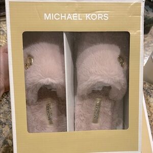 Michael Kors Blush Furry Slippers with Gold Details
